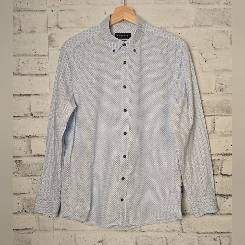 Bugatti Easy Care Dress Shirt L 41/42 Blue Micro Print Long Sleeve